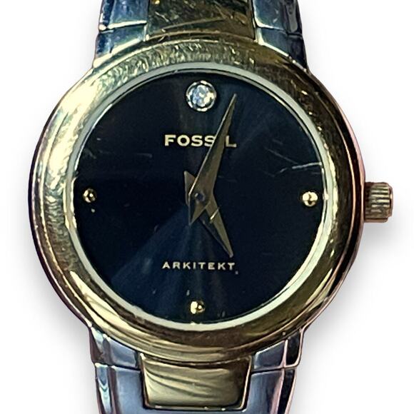 Vintage Fossil Watch Womens Arkitekt Stainless Steel Black Dial Rhinestone WORKS - Picture 4 of 11
